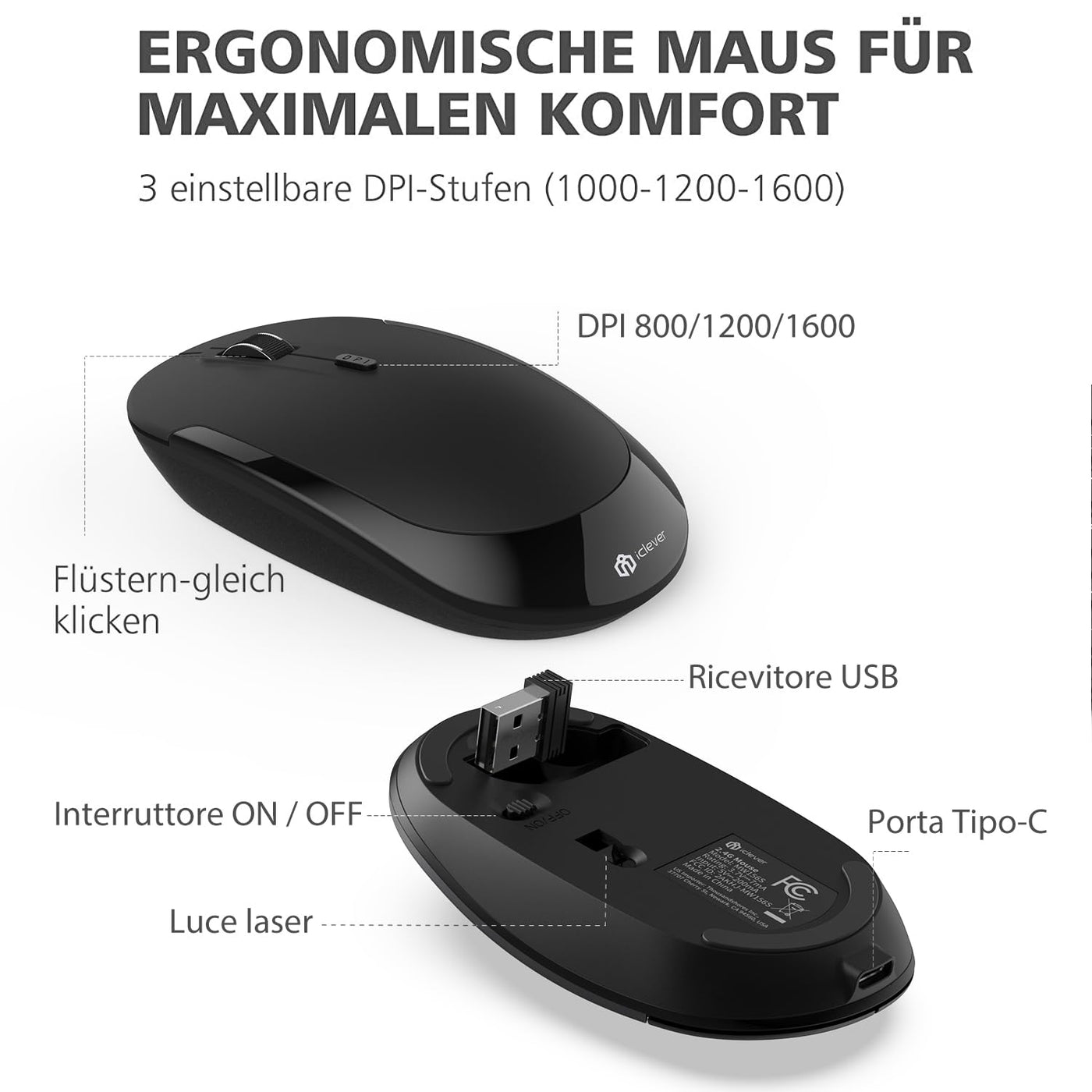 iClever 2.4G Tastatur Maus Set Kabellos, Aluminium Wireless Slim Tastatur QWERTZ Layout (Deutsch), für Computer/Desktop/PC/Laptop/Oberfläsche/Windows 10/8/7/Vista/XP (2.4GHz, USB)