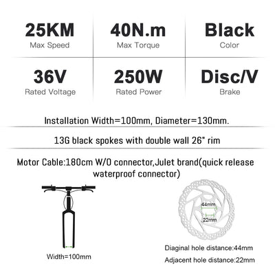 YOSE POWER E-Bike Conversion Kit Frontwheel 36V250W 26" Zoll Elektrofahrräder Vorderrad Umbausatz mit Frontmotor Schwarz für Pedelec