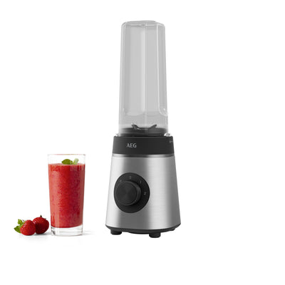 AEG MiniMixer SB4-1-4ST Standmixer / 350 W-Motor / 23.000 U/Min / 2 spülmaschinen- und bruchfeste 600 ml Trinkflaschen / 4-Klingen Messer / Drehregler / BPA-frei / Pulse-Taste / gebürstetes Edelstahl