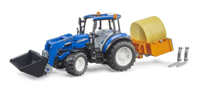 bruder 02187 - New Holland T5.120 mit Frontlader, Ladekasten, Gabeln und Rundballen - 1:16 Traktor, Fahrzeuge, Bauernhof, Bulldog