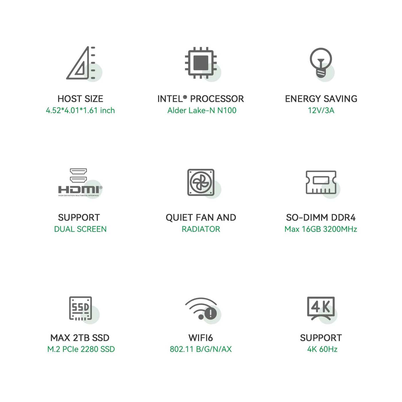 TRIGKEY Mini PC 12th Gen Intel Alder Lake-N100 Prozessor (bis zu 3,40GHz) Green G4 Mini Computer 11 Pro, 16G DDR4 3200Mhz 500G M.2 2280 SSD Mini Desktop PC, Dual HDMI, WiFi 6, BT 5.2, USB 3.2 Gen 2