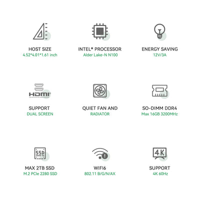 TRIGKEY Mini PC 12th Gen Intel Alder Lake-N100 Prozessor (bis zu 3,40GHz) Green G4 Mini Computer 11 Pro, 16G DDR4 3200Mhz 500G M.2 2280 SSD Mini Desktop PC, Dual HDMI, WiFi 6, BT 5.2, USB 3.2 Gen 2