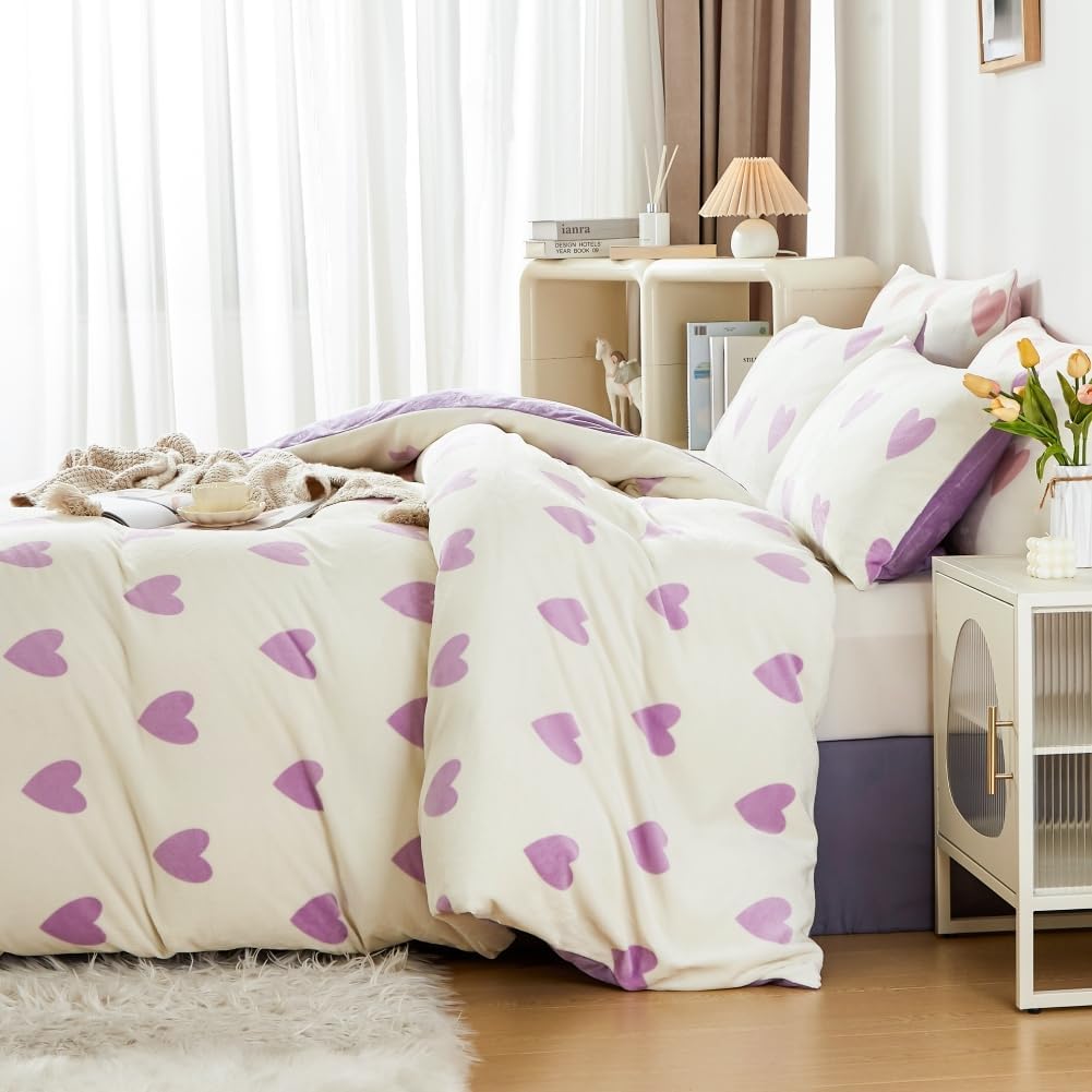 Covebett Winter Bettwäsche Flanell 200x200 Herzen Lila Weiß Warme Biber Plüsch Wende Winterbettwäsche 3teilig, Flauschig Fleece Mädchen Bettbezug und 2 Kissenbezug 80x80 mit Reißverschluss