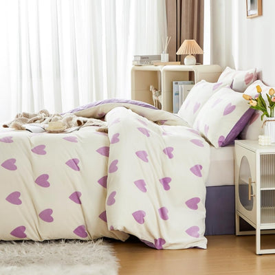 Covebett Winter Bettwäsche Flanell 200x200 Herzen Lila Weiß Warme Biber Plüsch Wende Winterbettwäsche 3teilig, Flauschig Fleece Mädchen Bettbezug und 2 Kissenbezug 80x80 mit Reißverschluss