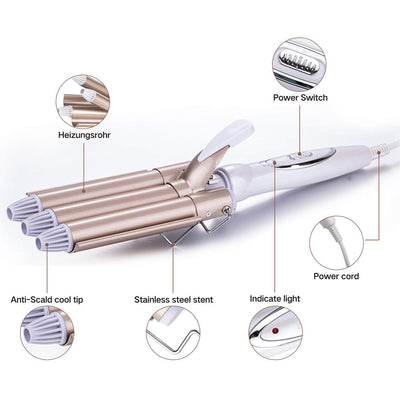 3 Fässer welleneisen, TOP4EVER lockenstab mit 3 stäben mit einstellbarer Temperatur, Welleisen Schnelle Heizung Große Welle für Lange/kurze Haare, Haar Styling Werkzeug 22mm