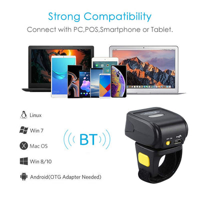 Tragbarer Ring 1D 2D QR-Barcode-Scanner, tragbarer drahtloser Finger-Mini-Barcode-Leser Kompatibel mit Windows, Mac OS, Android 4.0+, iOS-Unterstützung Scannen Sie QR PDF417 DataMatrix auf Bildschirm