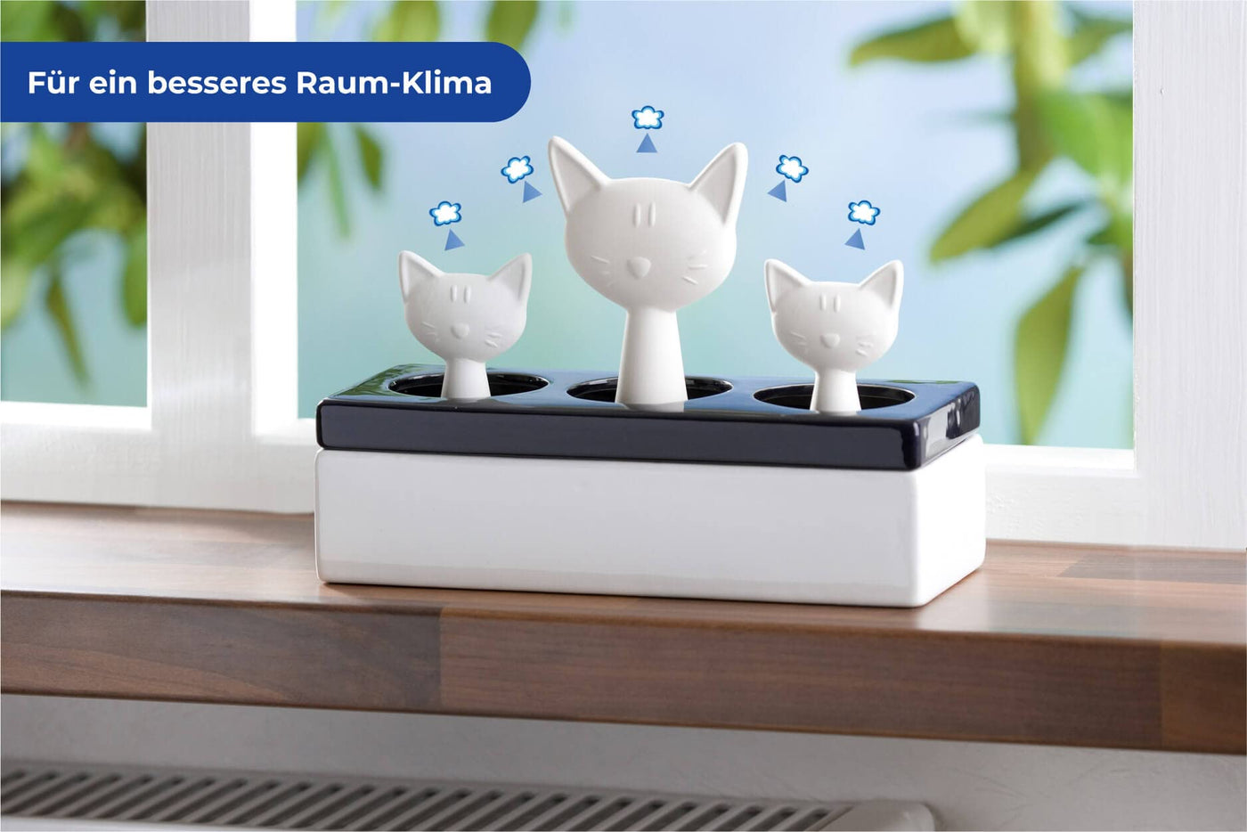 Maximex Luftbefeuchter Katzenfamilie, Geräuschloser Raumluftbefeuchter, Leiser Luftbefeuchter Schlafzimmer, Wohnzimmer & Co zum Aufstellen auf Heizkörper oder Fensterbank, 22x15,5x8,5 cm
