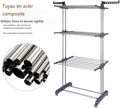 johgee Platzsparend und Praktisch Turmwäscheständer 172CM hoch Wäscheständer - innen mit faltbaren Flügeln， mit 4 Rollen - Davon 2 mit Feststellbremse