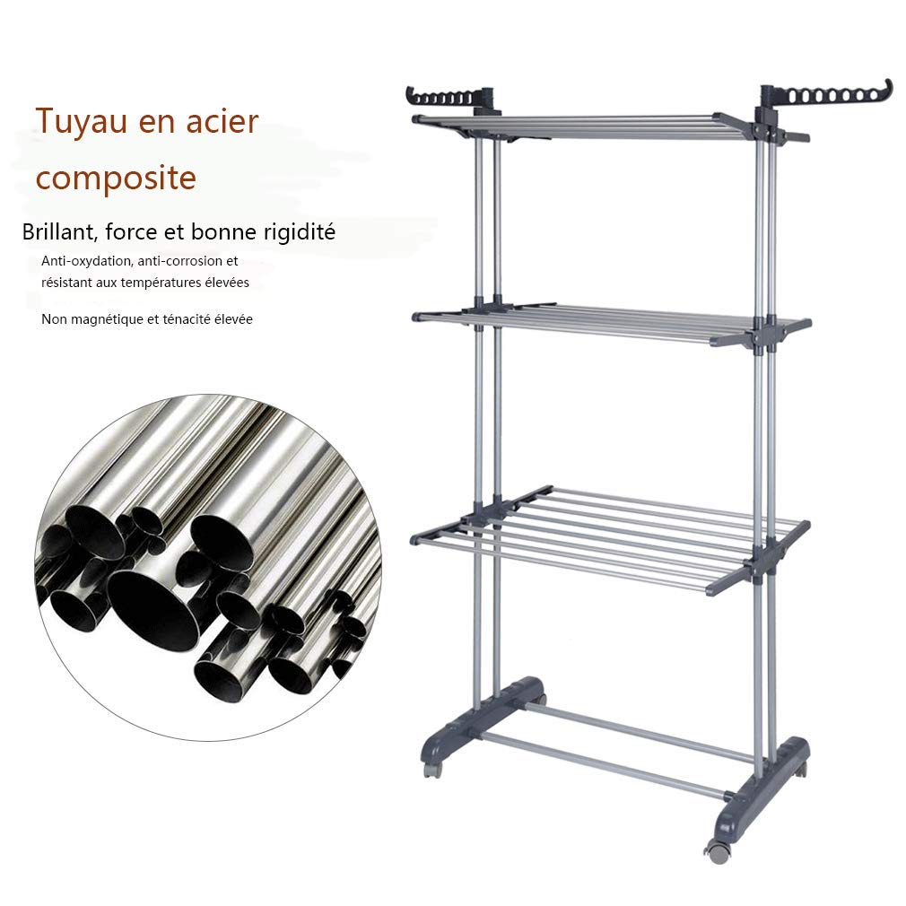 johgee Platzsparend und Praktisch Turmwäscheständer 172CM hoch Wäscheständer - innen mit faltbaren Flügeln， mit 4 Rollen - Davon 2 mit Feststellbremse