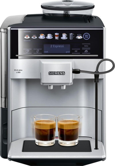 SIEMENS Kaffeevollautomat EQ.6 plus s300 TE653501DE, für viele Kaffeespezialitäten, Milch-Aufschäumdüse, Keramikmahlwerk, Doppeltassenfunktion, Antikalk, automatische Dampfreinigung, 1500 W, silber