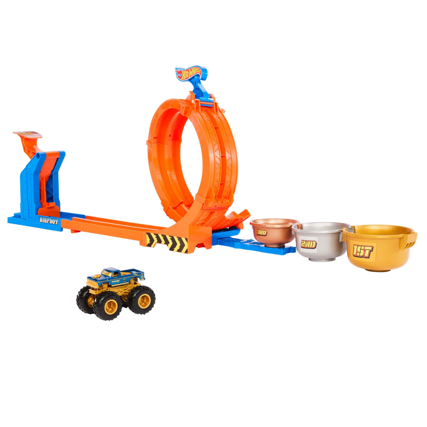 Hot Wheels Monster Trucks Truck- und Strecken-Spielset, Loop & Flip Trophy Challenge Spielset und Die-Cast-Bigfoot zum 50. Jubiläum im Maßstab 1:64, zwei Spielmöglichkeiten, JBX64