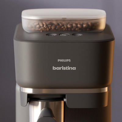 Philips Baristina Espressomaschine - Real Espresso, made simple. Kompakte Kaffeemaschine, Naturweiß mit Eschenholz-Siebträger, 16-bar-Pumpendruck, automatisches Mahlwerk, Cafe Crema (BAR302/20)