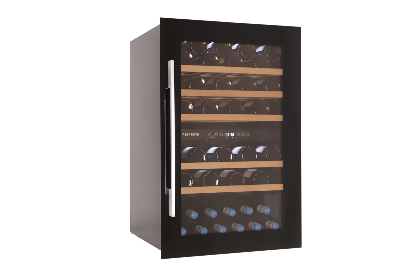 Respekta Einbau-Weinkühlschrank für 57 Standardflaschen / 143 L Nutzinhalt / 2 Temperaturzonen, je 5°-22°C/Touch Control/LED Leuchte/Wechselbarer Türanschlag/Max. 38 dB/WKSE 57-19