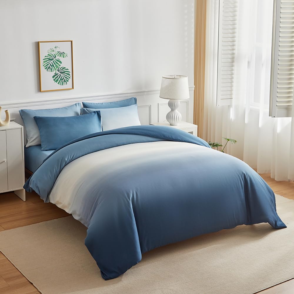 OLDBIAO Bettwäsche 200x200 cm 3er Set (1 Bettbezug 200x200cm + 2 Kissenbezüge 80x80cm), Weiß - Blau Farbverluaf Design, Weich Pflegeleicht Bettdecke Cover aus Mikrofaser Ästhetisch Bettwaren