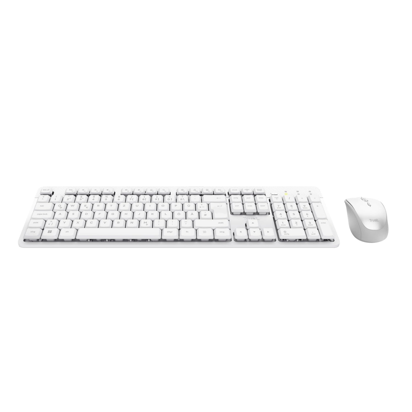 Trust ODY II Leise Tastatur Maus Set Kabellos Deutsches QWERTZ Layout, Flachen Tasten, Beidhändig Funkmaus 800-1600 DPI, Spritzwassergeschützt, EIN USB-Empfänger, für PC Computer Laptop Mac, Weiß