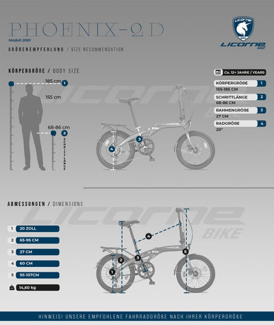 Licorne Bike Phoenix 2D 20 Zoll Aluminium Faltrad Klapprad Scheibenbremse Discbremse Faltfahrrad Herren Damen 7 Gang Kettenschaltung Folding City Bike Alu-Rahmen StVZO