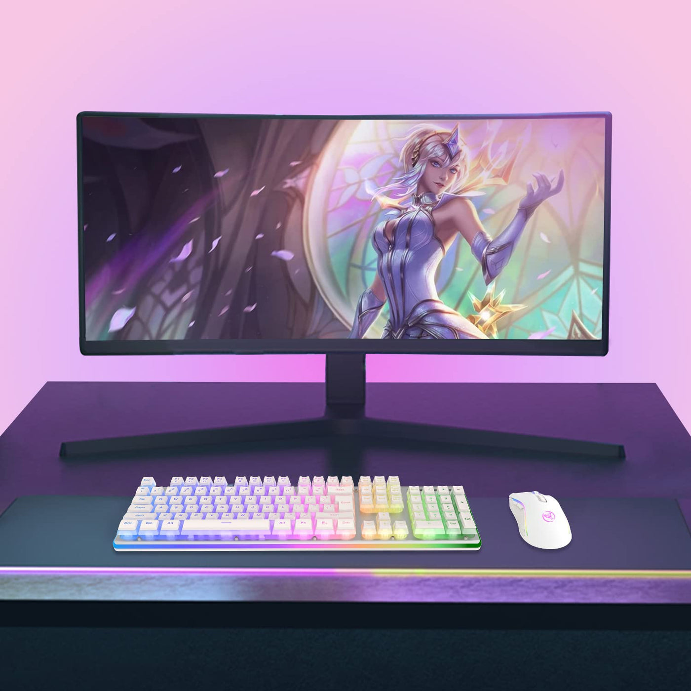 MAMBASNAKE L96 Kabellose Tastatur Und Maus Kombination, Wiederaufladbare 3000-mAh-RGB-Tastatur in Voller Größe Mit Pudding-Tastenkappen, Optische Mäuse Mit 4800DPI, Mechanische Tastatur Und Maus-Weiss