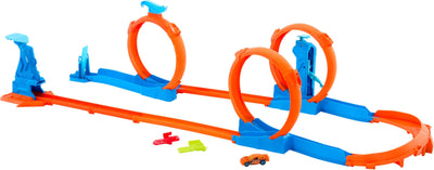 Hot Wheels Spielzeugauto-Trackset, Dreifach-Looping-Pack und Fahrzeug im Maßstab 1:64, Track-Bauteile mit 3 Loopings, Track-Schnellstecksystem und Adaptern,JDW39
