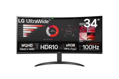 LG Electronics 34WR50QK-B.AEU UltraWide 1800R Curved QHD Monitor 34", 3440 x 1440, 21:9, 5ms GtG, 100 Hz, HDR10, 99% sRGB, PBP-Modus, OnScreen Control, AMD FreeSync - Schwarz