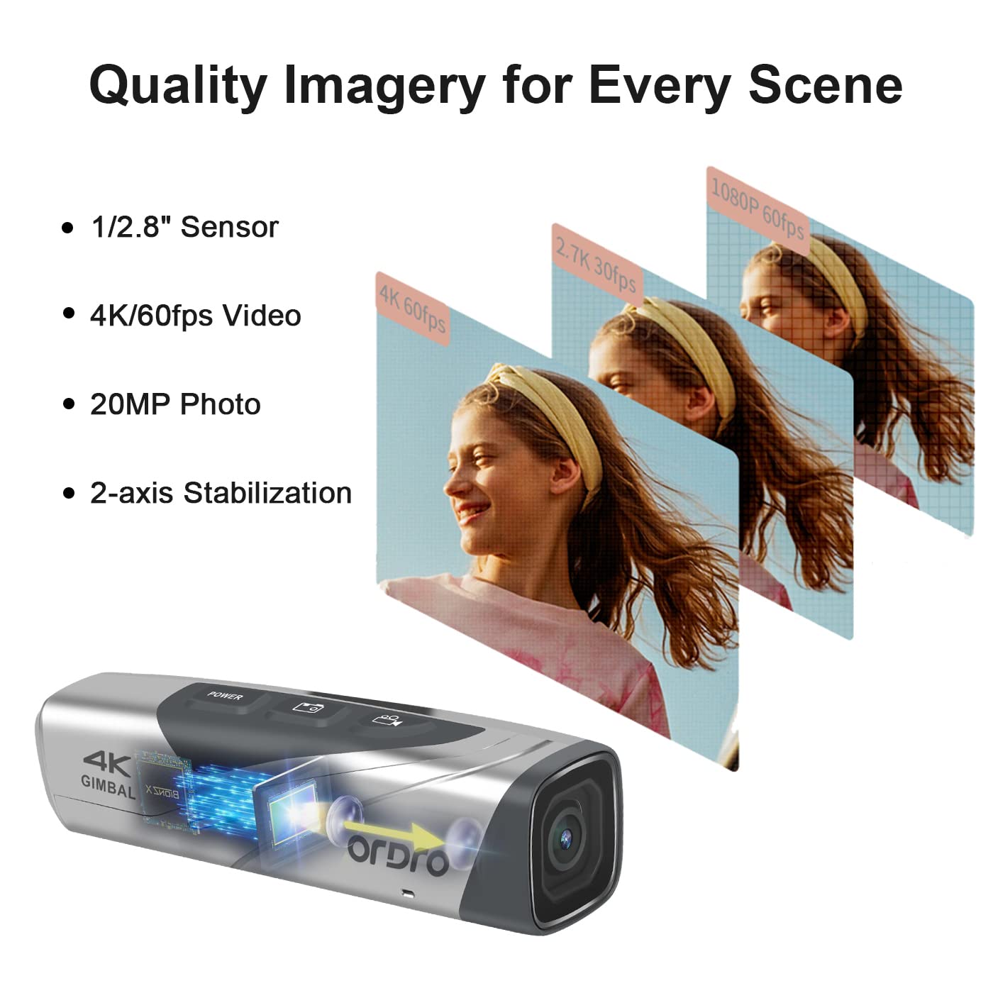 ORDRO Videokamera EP8 Tragbare Kamera mit 4K 60fps, 2-Achsen-Gimbal-Stabilisator, WiFi, Ohne Fernbedienung & 64GB MikroSD Karte