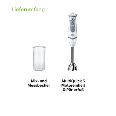 Braun Stabmixer MQ 5200WH - MultiQuick 5 Vario Pürierstab mit Edelstahl Mixfuß, 1000 Watt, inkl. 600 ml Mix- & Messbecher, weiß/grau