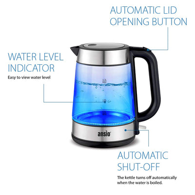 ANSIO Wasserkocher Edelstahl,1,7 Liter, 2200 watts Wasserkocher mit Herausnehmbarer Kalkfilter, Abschaltautomatik, Schnellkochfunktion Wasserstandsanzeige beleuchtet BPA Frei (Klar Glas)