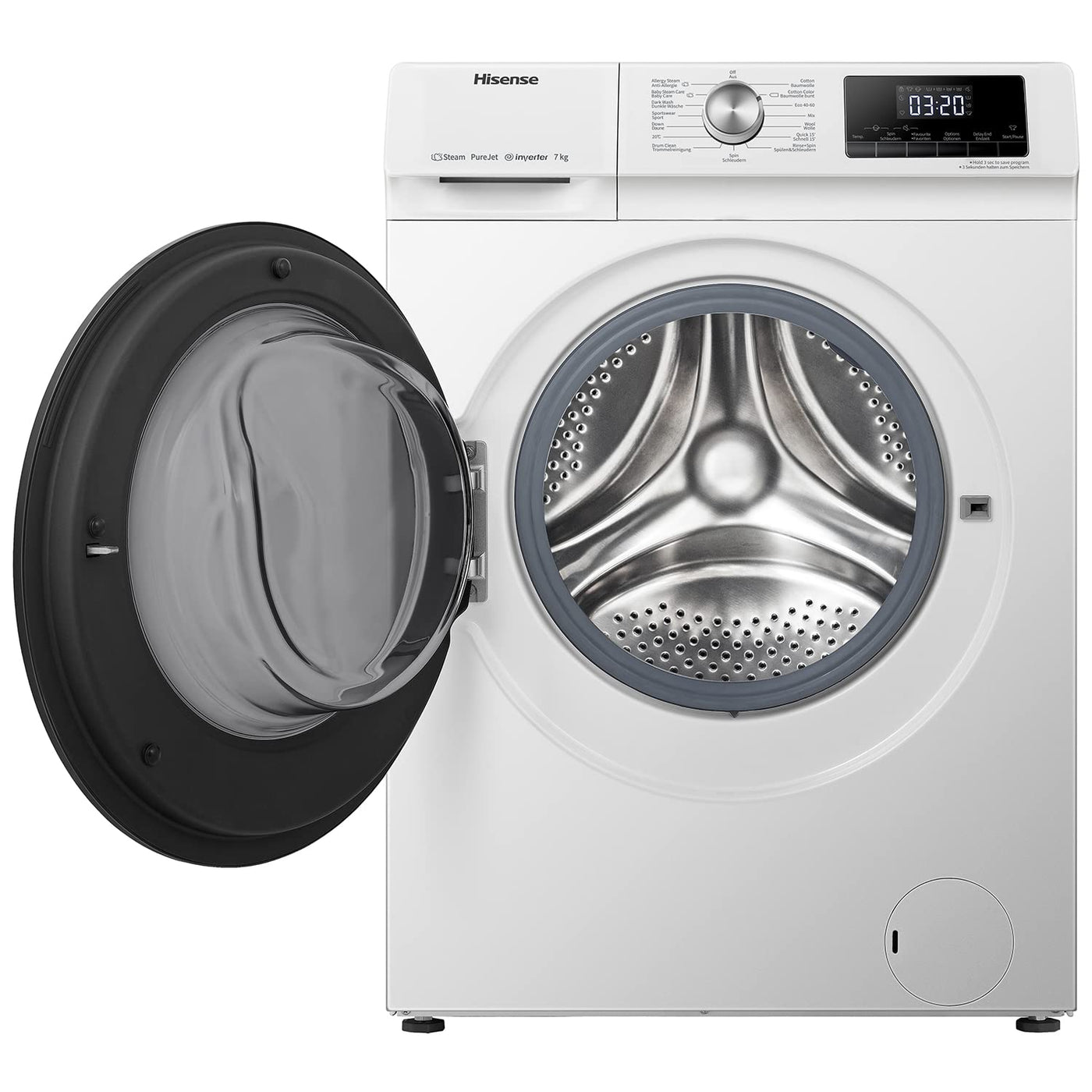 Hisense WFQA7014EVJM Waschmaschine mit Dampffunktion/ 7 kg /AquaStop/ 1400 U/min /15 Programme/ Inverter PowerDrive Motor/Edelstahltrommel/Kindersicherung/Trommelreinigung/Weiß