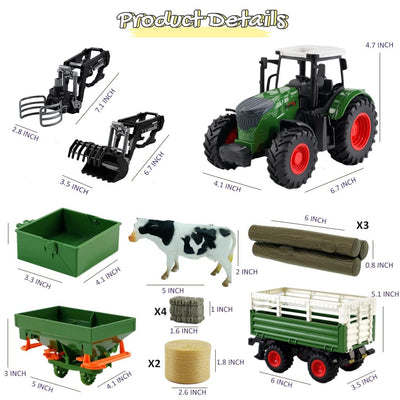 Hyrenee Farm Traktor Fahrzeuge Traktor Anhänger mit Greifer Round Bale Frontloade Tipping Anhänger Dünger Spreader mit Milch Kuh Ballen Farming Spielzeug Spielset für Jungen Kinder Kleinkinder