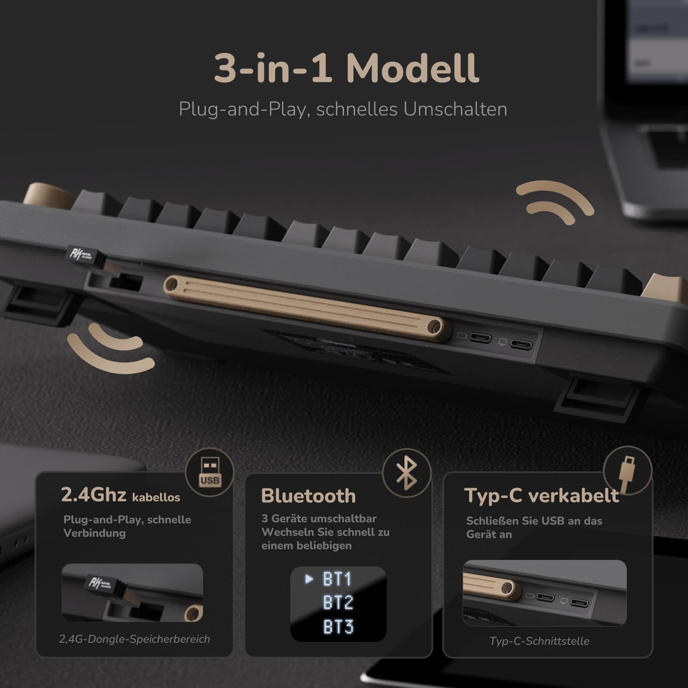 RK ROYAL KLUDGE M75 Gaming Tastatur kabellos 75% Prozent TKL Mechanische Tastatur RGB 2,4 GHz Wireless/Bluetooth/USB-C QWERTZ mit OLED-Smart-Display und Knopf Hot Swappable Braune Schalter, Grau