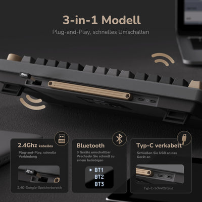 RK ROYAL KLUDGE M75 Gaming Tastatur kabellos 75% Prozent TKL Mechanische Tastatur RGB 2,4 GHz Wireless/Bluetooth/USB-C QWERTZ mit OLED-Smart-Display und Knopf Hot Swappable Braune Schalter, Grau