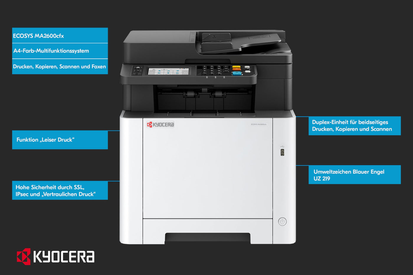 Kyocera Ecosys MA2600cfx Farblaserdrucker Multifunktionsgerät: Drucker Scanner Kopierer, Faxgerät. Multifunktionsdrucker inkl. Mobile-Print-Funktion.