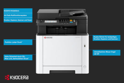 Kyocera Ecosys MA2600cfx Farblaserdrucker Multifunktionsgerät: Drucker Scanner Kopierer, Faxgerät. Multifunktionsdrucker inkl. Mobile-Print-Funktion.