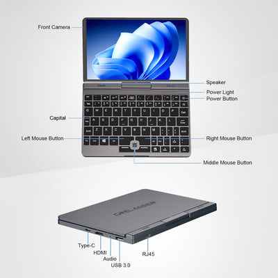 Crelander 2-in-1-Mini-Laptop | 8-Zoll-Touchscreen tragbarer kleiner Taschencomputer | Intel N100 Prozessor der 12. Generation | 12 GB DDR5 RAM 1 TB SSD | PD 30 W Aufladung | WiFi6 BT5.2 | Tastatur mit