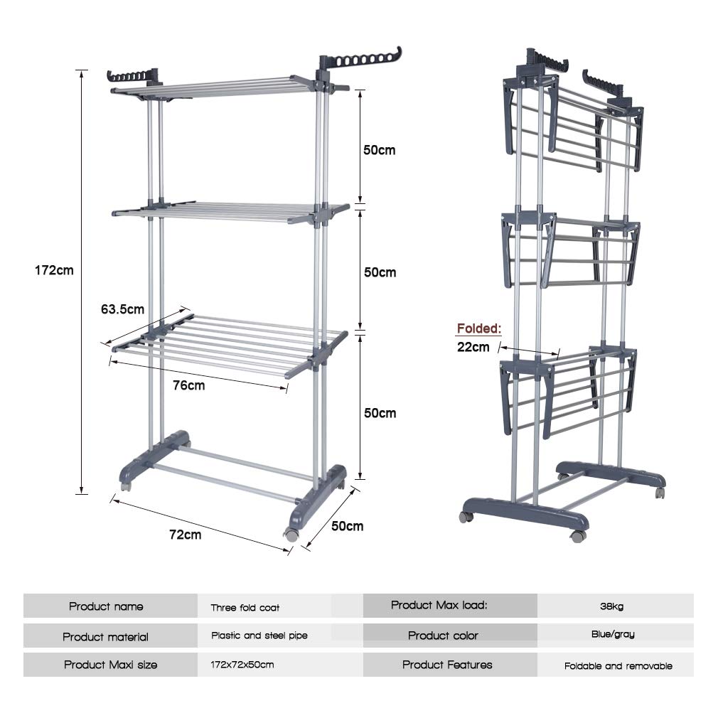 johgee Platzsparend und Praktisch Turmwäscheständer 172CM hoch Wäscheständer - innen mit faltbaren Flügeln， mit 4 Rollen - Davon 2 mit Feststellbremse