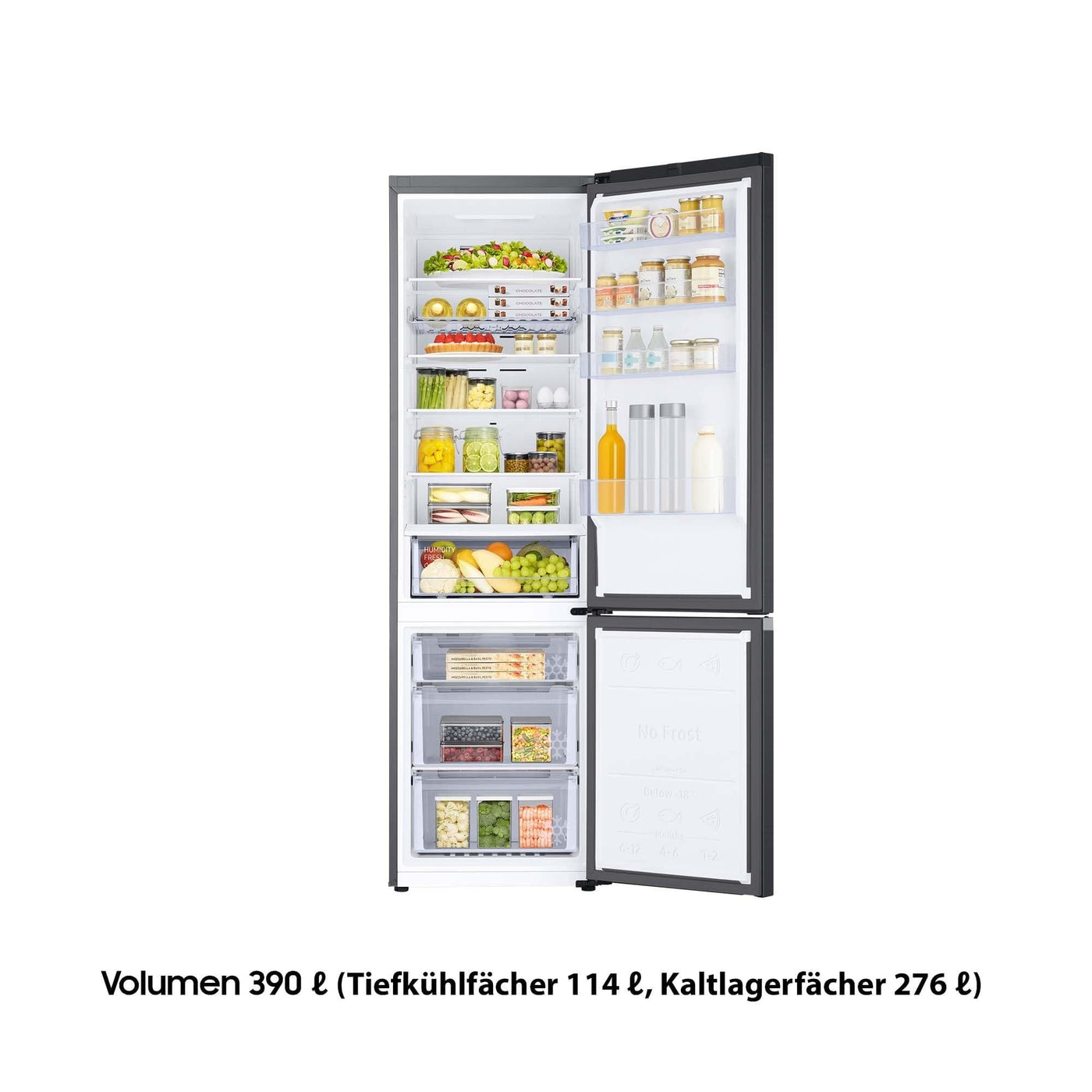 Samsung Kühl-Gefrier-Kombination, Kühlschrank mit Gefrierfach, 203 cm, 390 l Gesamtvolumen, 114 l Gefrierteil, AI Energy Mode, Flaschenregal, Premium Black Steel, RL38C602CB1/EG