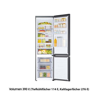 Samsung Kühl-Gefrier-Kombination, Kühlschrank mit Gefrierfach, 203 cm, 390 l Gesamtvolumen, 114 l Gefrierteil, AI Energy Mode, Flaschenregal, Premium Black Steel, RL38C602CB1/EG