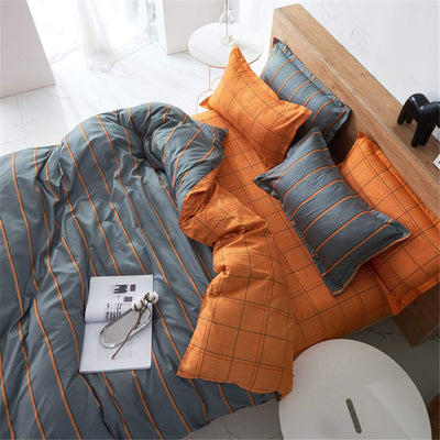 Treer Bettwäsche 180x220 cm 3 Teilig Mikrofaser, Bettwäsche-Sets mit 2 Kissenbezug 50x75 cm, Modern Streifen kariert Bettbezüge, Bettbezug für Doppelbett mit Reißverschluss, Orange/Grau