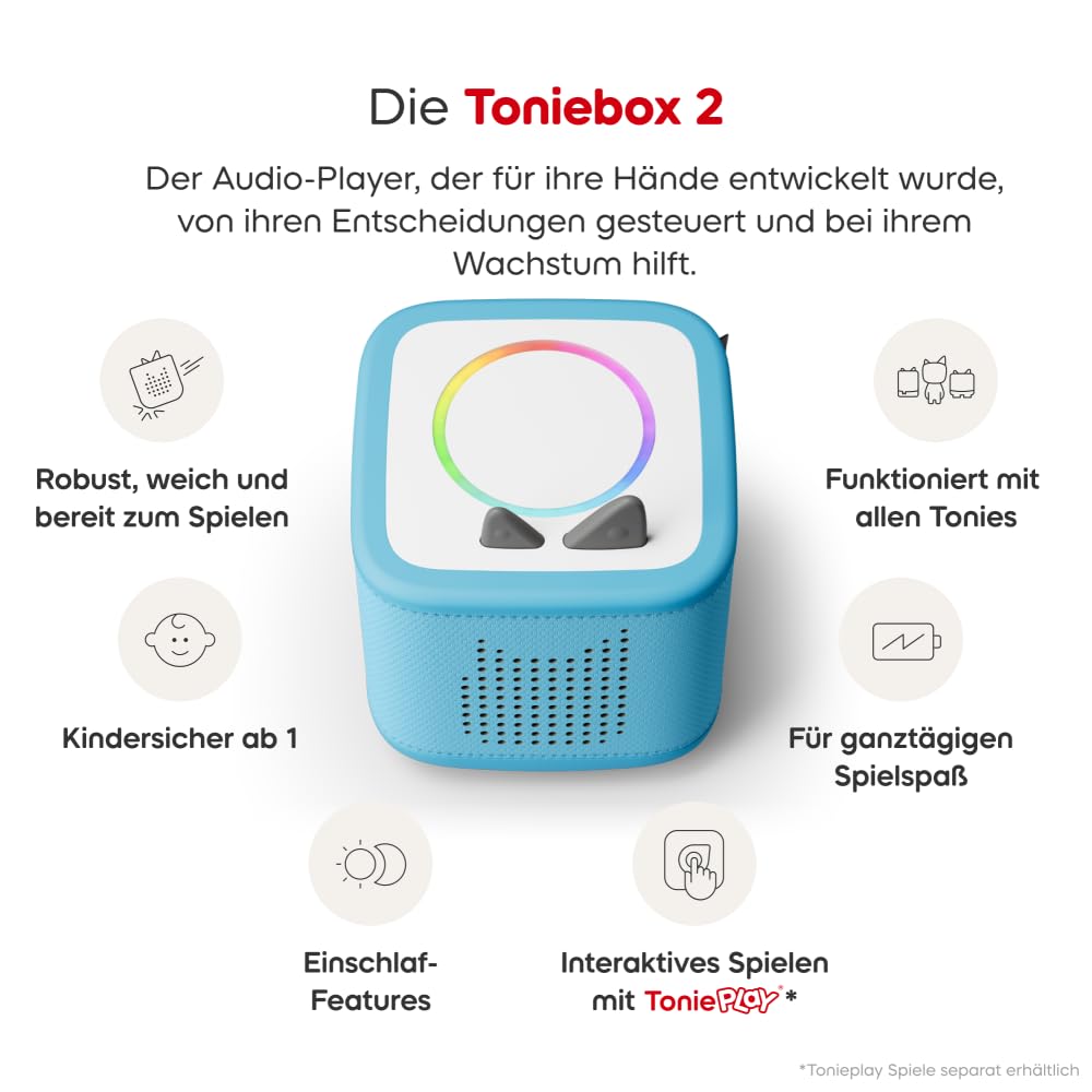 tonies Toniebox 2 Bundle Incl. 6 Tonies: Disney Cap&Capper,König der Löwen,Ratatouli,Dschungelbuch,Nemo,Aristocats,Himmelblau, Audioplayer für Hörbücher, Lieder, Einschlafen und Tonieplay für Kinder