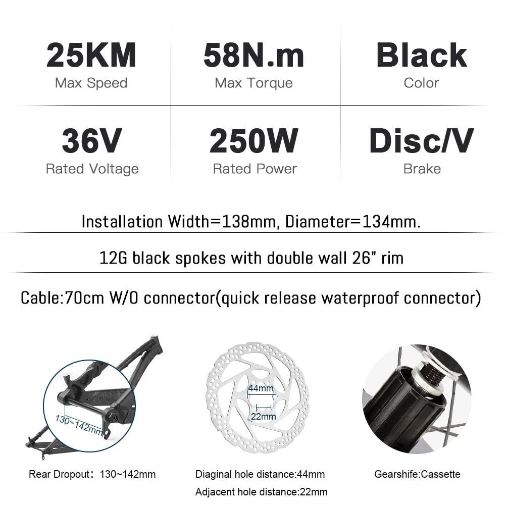 YOSE POWER Ebike Umbausatz 36V250W 26" Heckmoter Elektrofahrrad Conversion Kit 26'' für Steckritzel Cassette mit Integrierte Controller 36V13Ah Batterie
