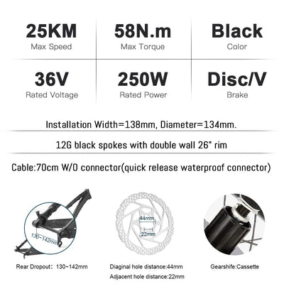 YOSE POWER Ebike Umbausatz 36V250W 26" Heckmoter Elektrofahrrad Conversion Kit 26'' für Steckritzel Cassette mit Integrierte Controller 36V13Ah Batterie
