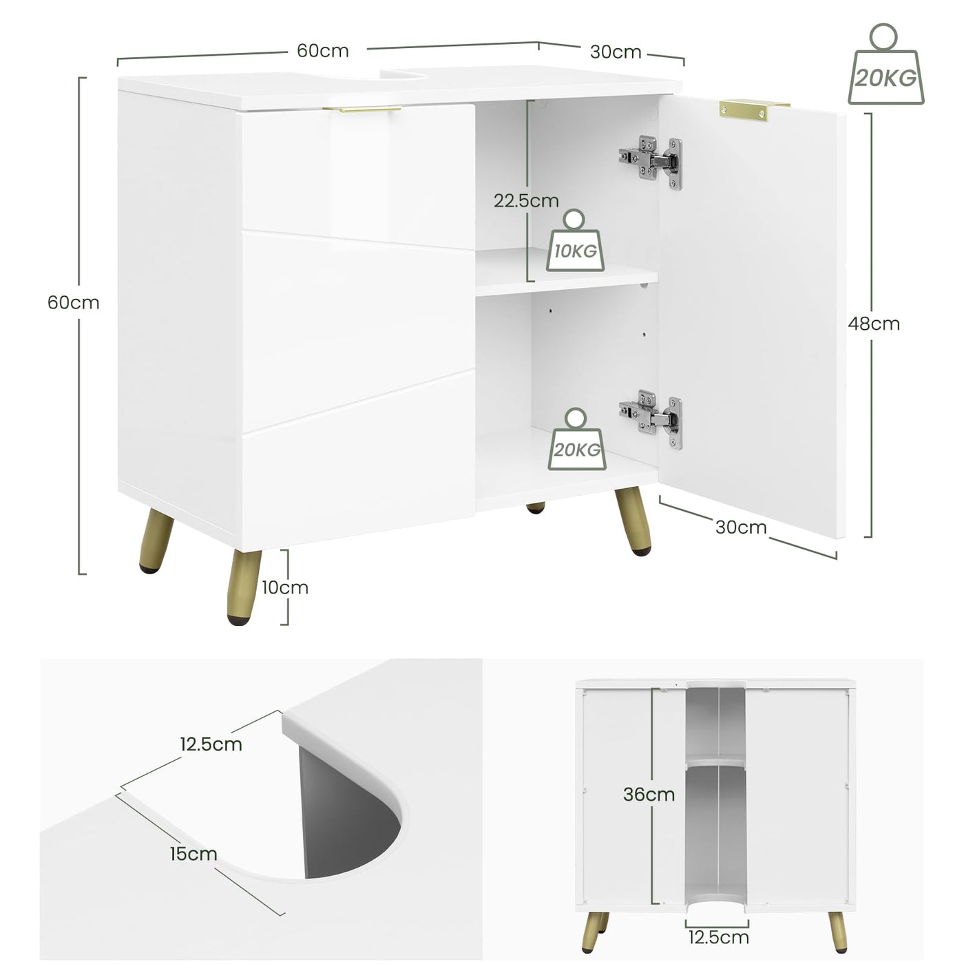 EUGAD Waschbeckenunterschrank, Unterschrank, Waschtischunterschrank, Badezimmerschrank, Badschrank, weiß Hochglanz, mit 2 Türen, Beinen, verstellbare Ablage, freistehend, 60x60x30 cm