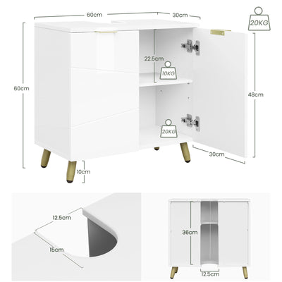 EUGAD Waschbeckenunterschrank, Unterschrank, Waschtischunterschrank, Badezimmerschrank, Badschrank, weiß Hochglanz, mit 2 Türen, Beinen, verstellbare Ablage, freistehend, 60x60x30 cm