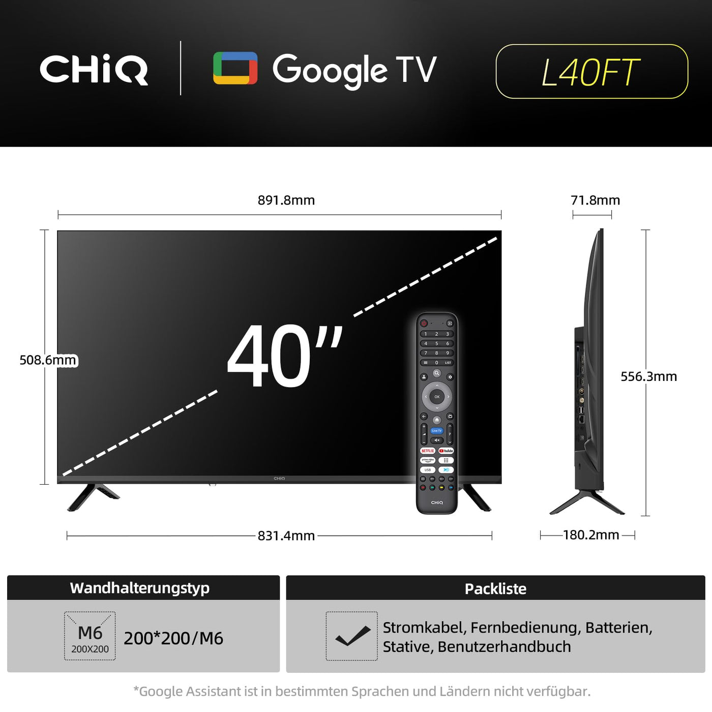 CHIQ L40FT 40 Zoll, Full HD, (100 cm) Smart Fernseher, HDR10, Dolby Audio & DBX-tv, Triple Tuner DVB-C/T2/S2, Integrierter Chromecast, Metall Randlos Design