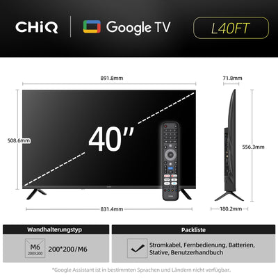 CHIQ L40FT 40 Zoll, Full HD, (100 cm) Smart Fernseher, HDR10, Dolby Audio & DBX-tv, Triple Tuner DVB-C/T2/S2, Integrierter Chromecast, Metall Randlos Design
