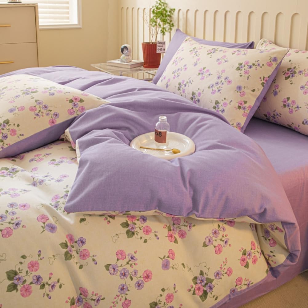 Nayoroom Bettwäsche 140x200 Lila Beige Violett Blumen Blümchen Floral Wende Bettwäsche Set Microfaser 2teilig, Aesthetic Mädchen Geblümt Bettbezug und 1 Kissenbezug 70x90 cm mit Reißverschluss