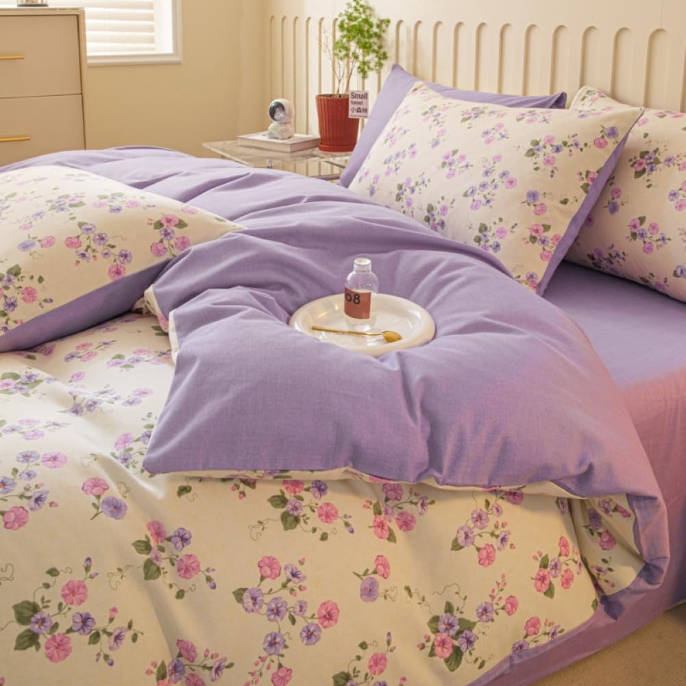 Nayoroom Bettwäsche 140x200 Lila Beige Violett Blumen Blümchen Floral Wende Bettwäsche Set Microfaser 2teilig, Aesthetic Mädchen Geblümt Bettbezug und 1 Kissenbezug 70x90 cm mit Reißverschluss