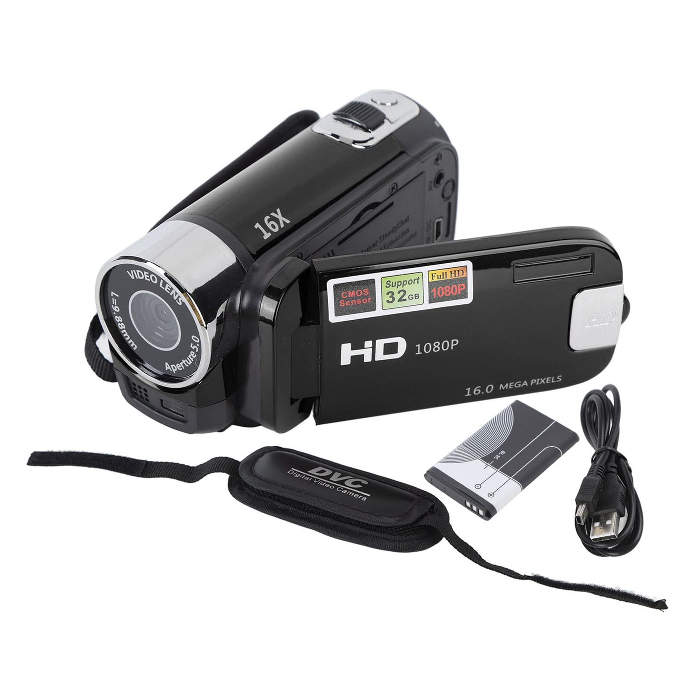 Videokamera für Vlogging, 1080P Full HD-Camcorder, 16 MP 16-facher Digitalzoom, Drehbarer 2,7-Zoll-TFT-Bildschirm, mit Fülllicht und USB-Anschluss (Schwarz)