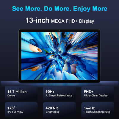 Blackview 13 Zoll Tablet Android 15, Mega8 36GB+256GB+2TB Erweiterung, Quad-Box Speakers, 2K FHD+ Gaming Tablet, 4G LTE 5G WiFi, 50MP AI Camera, 11000mAh, PC Mode, Hülle + Intelligenter Stift, Blau