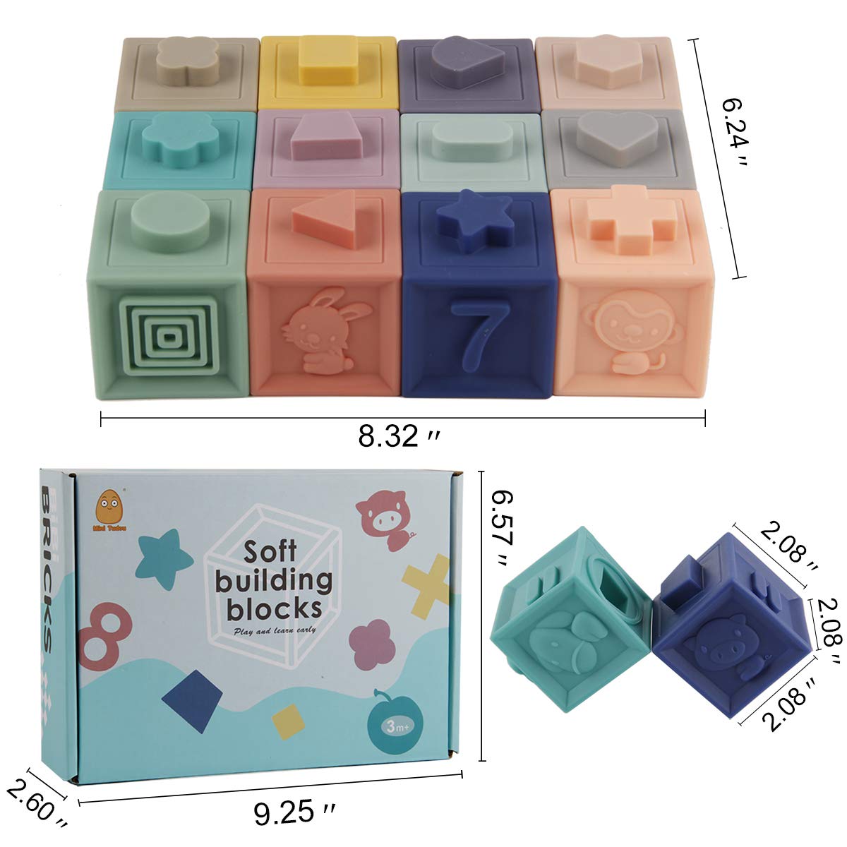 Mini Tudou Baby Bausteine Spielzeug Stapelwürfel Bauen Motorikspielzeug Baby Beißring,Lehrreich Lernspielzeug mit Zahlen Tiere Formen Texturen ab 6 Monate 12 Stück