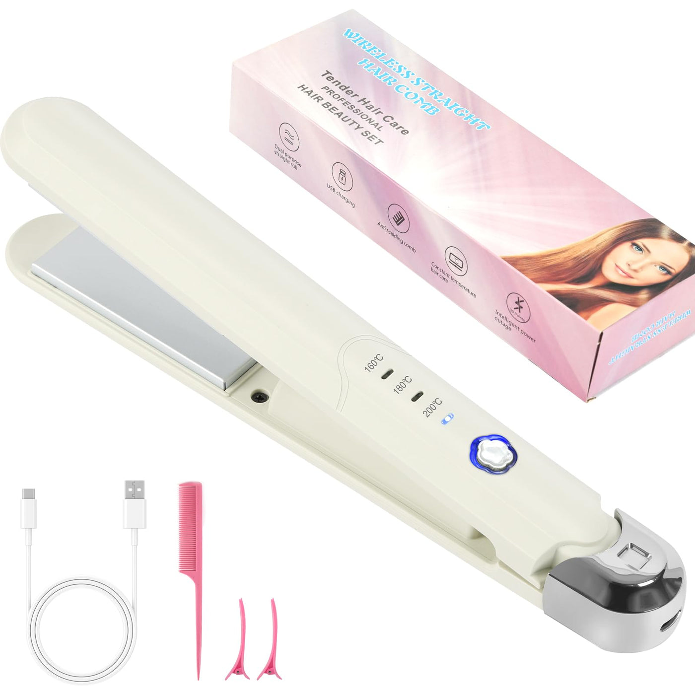 Alaoo Glätteisen Kabellos, 2 in 1 Haarglätter und Lockenwickler, 3. Gang Haarglätter mit einstellbarer Temperatur, Tragbarer Reise-Haarglätter, Geeignet für alle Haartypen für Frauen und Männer(Weiß)